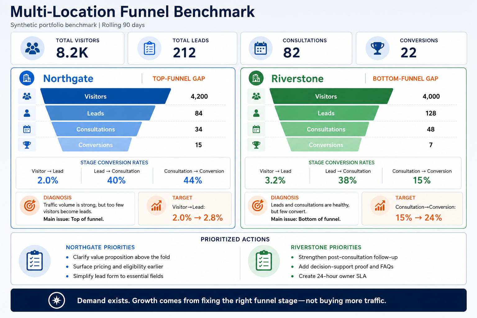 Anonymized multi-location funnel benchmark dashboard